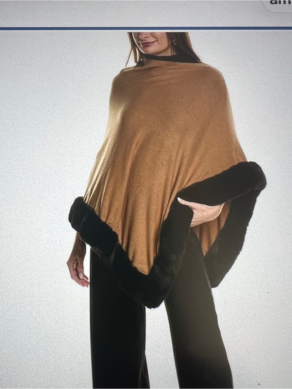 Anne Klein Camel Poncho with Black Fur Trim